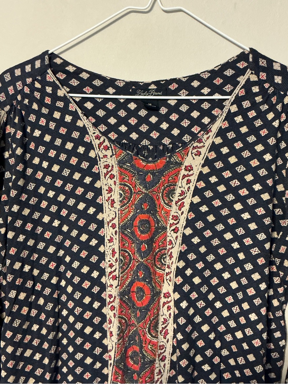 Lucky Brand Navy Printed Boho V-Neck Top with Red Accent - Picture 2 of 8